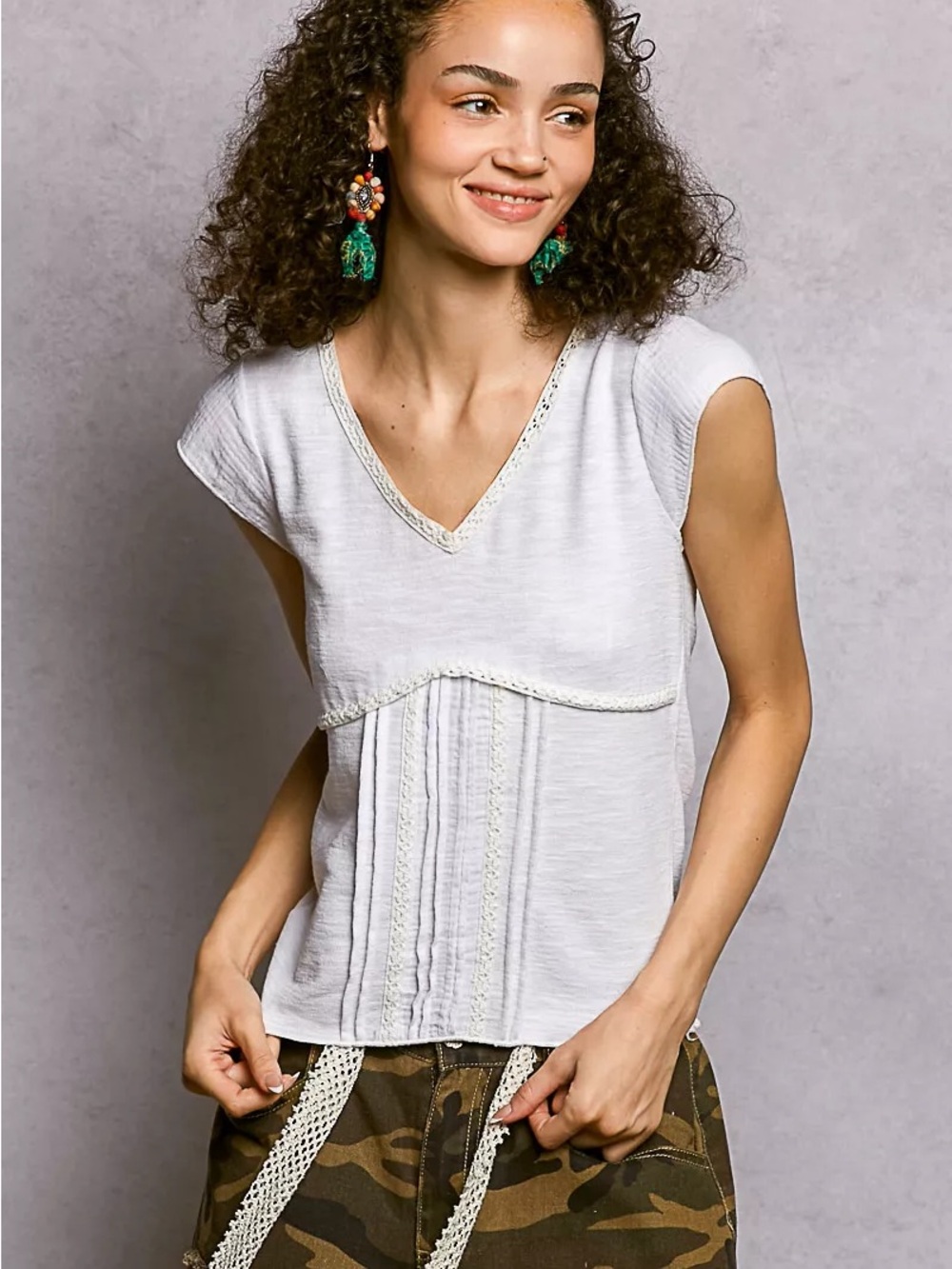 NWT POL mint green  V-Neck Cap Sleeve Top with Crochet Trim